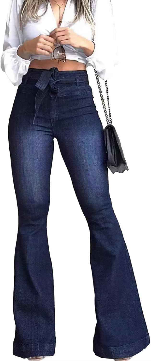 Women's High Waisted Flare Bell Bottom Jeans with Belt