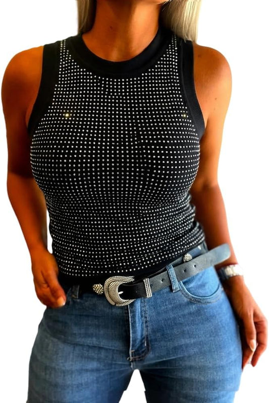 Women’s Rhinestone Mock Neck Sleeveless Knit Tank 