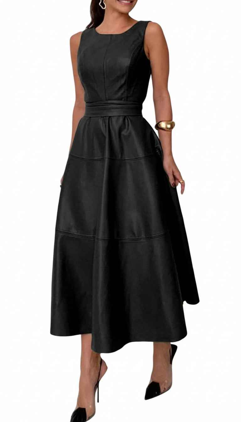 Women PU Faux Leather Sleeveless Elegant Flowy Long Dress with Belt