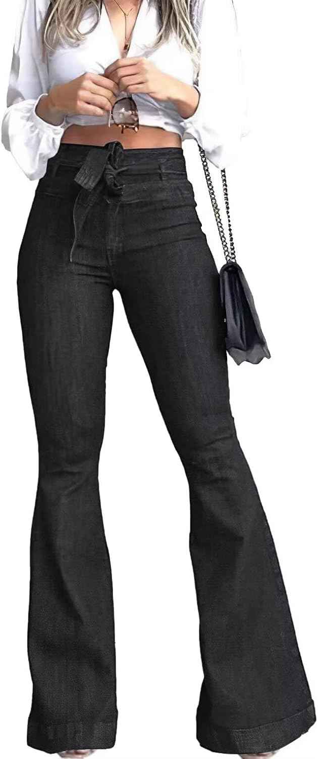 Women's High Waisted Flare Bell Bottom Jeans with Belt