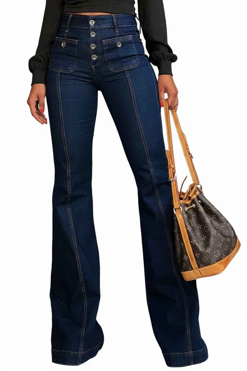 Women's Flare Bell Bottom High Waist Jeans - Vintage Stretch Bootcut Denim Trouser with Pocket