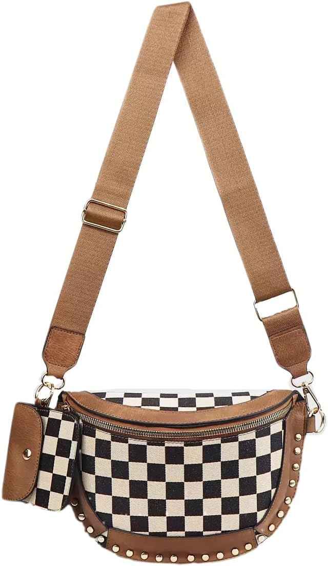 Canvas Crossbody Bag for Women - Checkered Design
