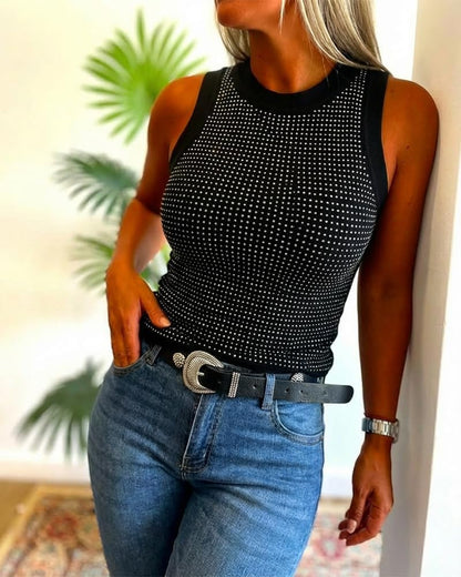 Women’s Rhinestone Mock Neck Sleeveless Knit Tank 