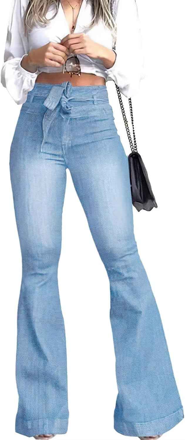 Women's High Waisted Flare Bell Bottom Jeans with Belt