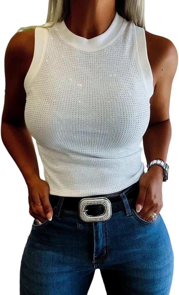 Women’s Rhinestone Mock Neck Sleeveless Knit Tank 