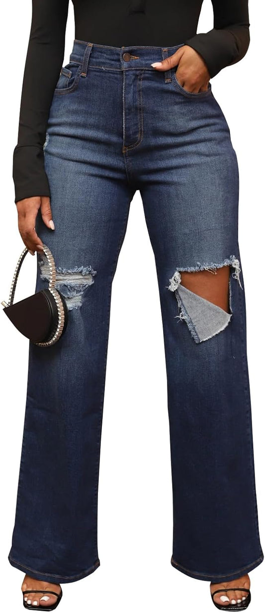 Women's Wide Leg Straight Jeans High Waisted Baggy Stretch Loose Denim Pants