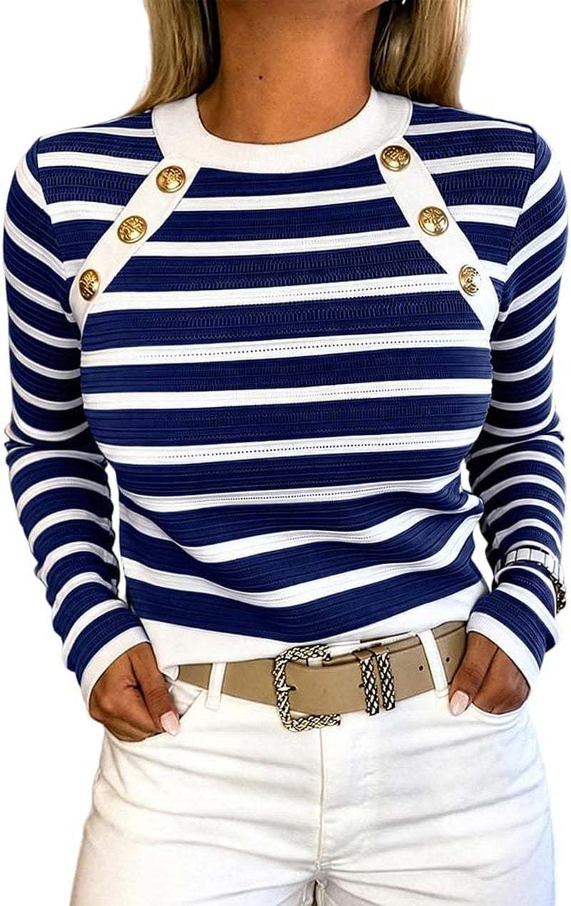 French Stripe Crewneck Knit Sweater with Gold Button Accents