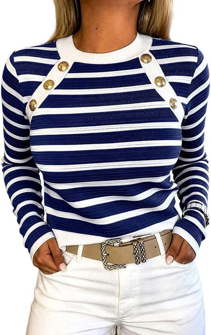 French Stripe Crewneck Knit Sweater with Gold Button Accents