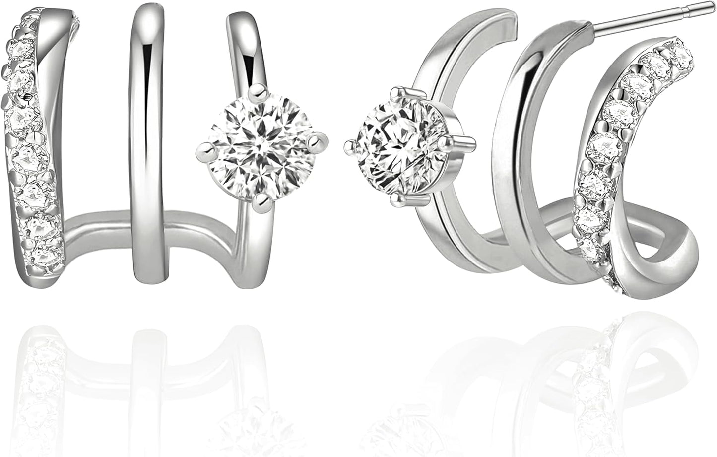 14K Gold Plated Triple Huggie Hoop Earrings for Women – Double Hoop Illusion Stud & Claw Ear Cuff