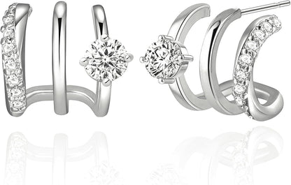 14K Gold Plated Triple Huggie Hoop Earrings for Women – Double Hoop Illusion Stud & Claw Ear Cuff