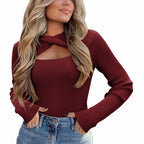 Women's Pullover Sweater Long Sleeve Cutout Knit - Cyndora