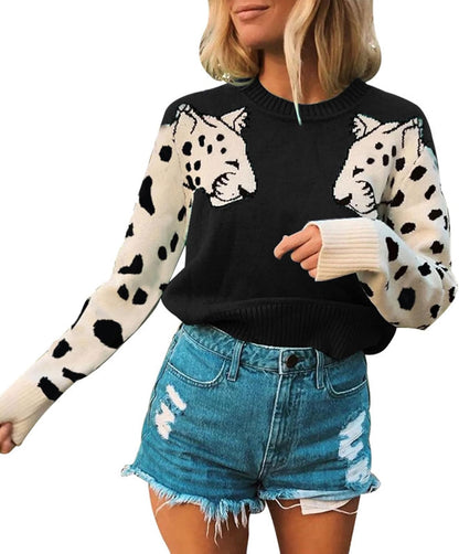 Women's Knitted Leopard Printed Patchwork Long Sleeve Cropped Sweater