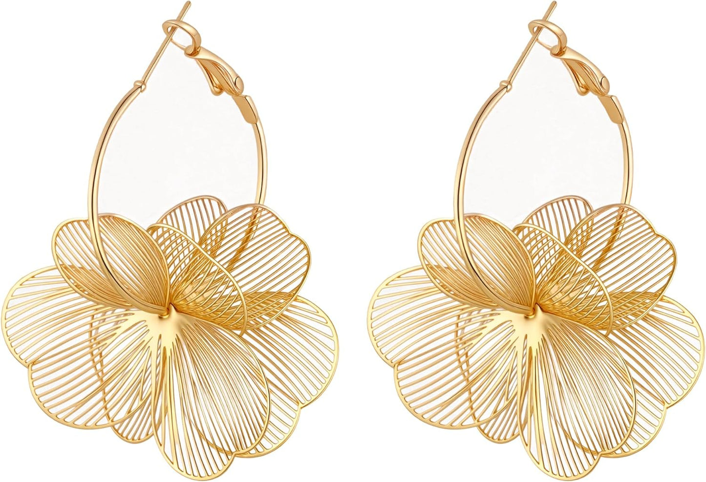 GAXAYA Dangle Flower Earrings - Elegant Gold-Tone Floral Hoop Jewelry for Women