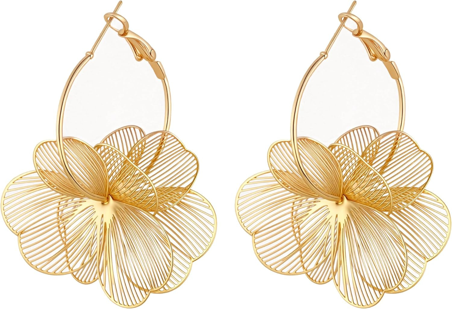 GAXAYA Dangle Flower Earrings - Elegant Gold-Tone Floral Hoop Jewelry for Women