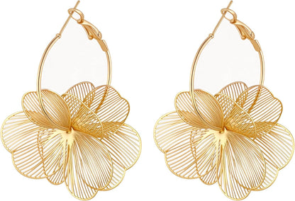 GAXAYA Dangle Flower Earrings - Elegant Gold-Tone Floral Hoop Jewelry for Women