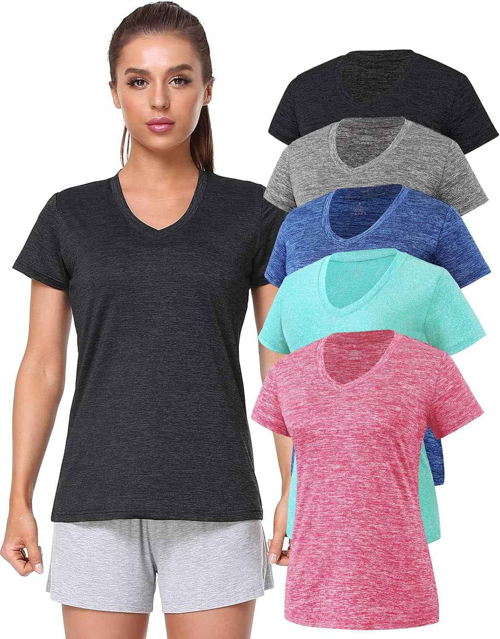 5-Pack Women's Short Sleeve Dry Fit T-Shirt - Moisture Wicking Athletic V-Neck Tee