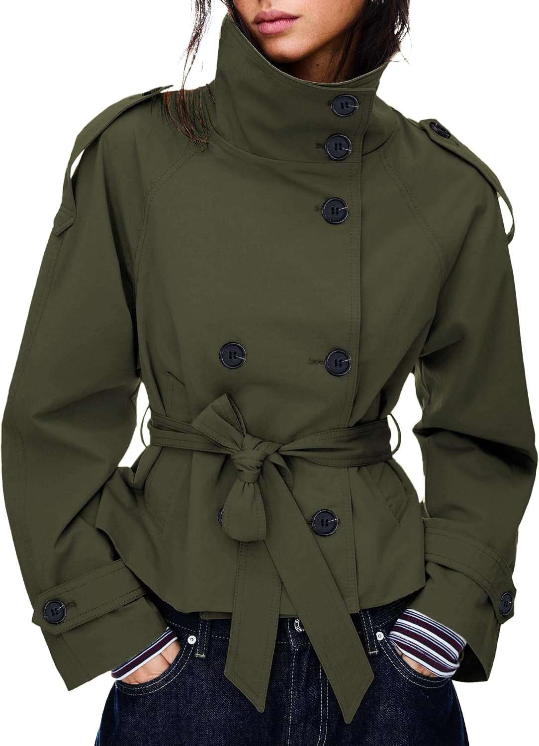 Double-Breasted Cropped Trench Coat with Removable Belt