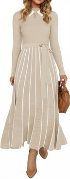 Womens Turtleneck Long Sleeve Tie Waist Sweater Midi Dress