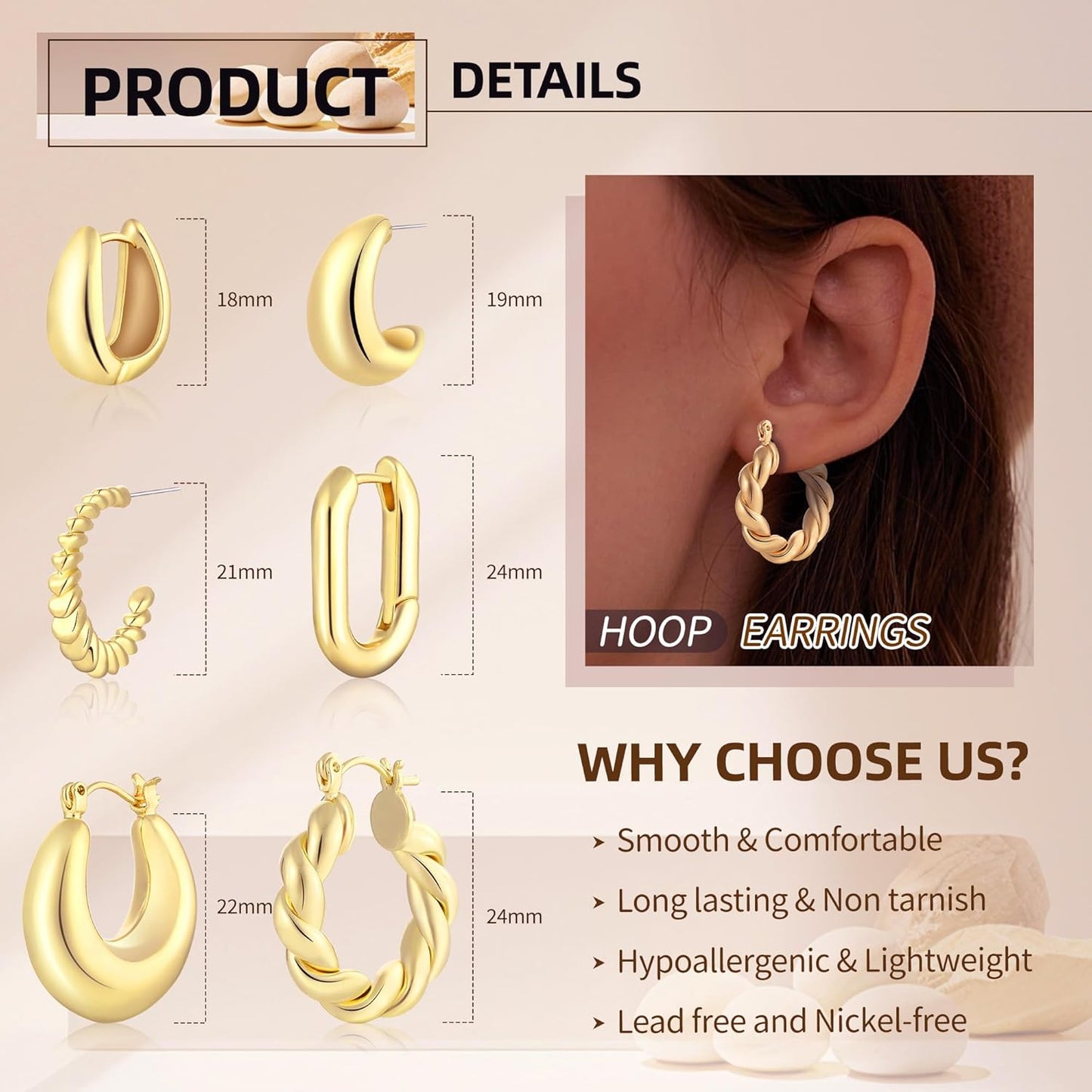 6 Pairs 14K Gold Plated Chunky Hoop Earrings Set for Women – Lightweight Twisted Huggie Hoops Multipack