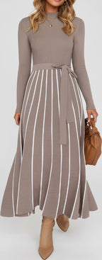 Womens Turtleneck Long Sleeve Tie Waist Sweater Midi Dress