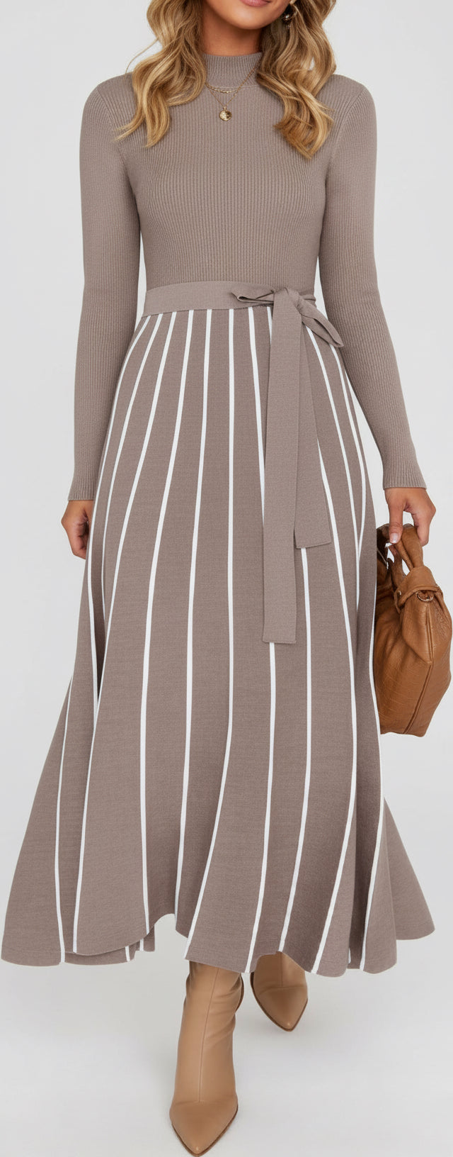 Womens Turtleneck Long Sleeve Tie Waist Sweater Midi Dress