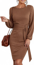 Women's Knitted Sweater Dress with Casual Long Lantern Sleeves for Effortless Style