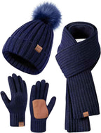 Winter Beanie Hat Scarf Gloves Set for Women - Beanie with Pom Pom Long Scarf Neck Warmer Touchscreen Gloves 3 in 1 Set
