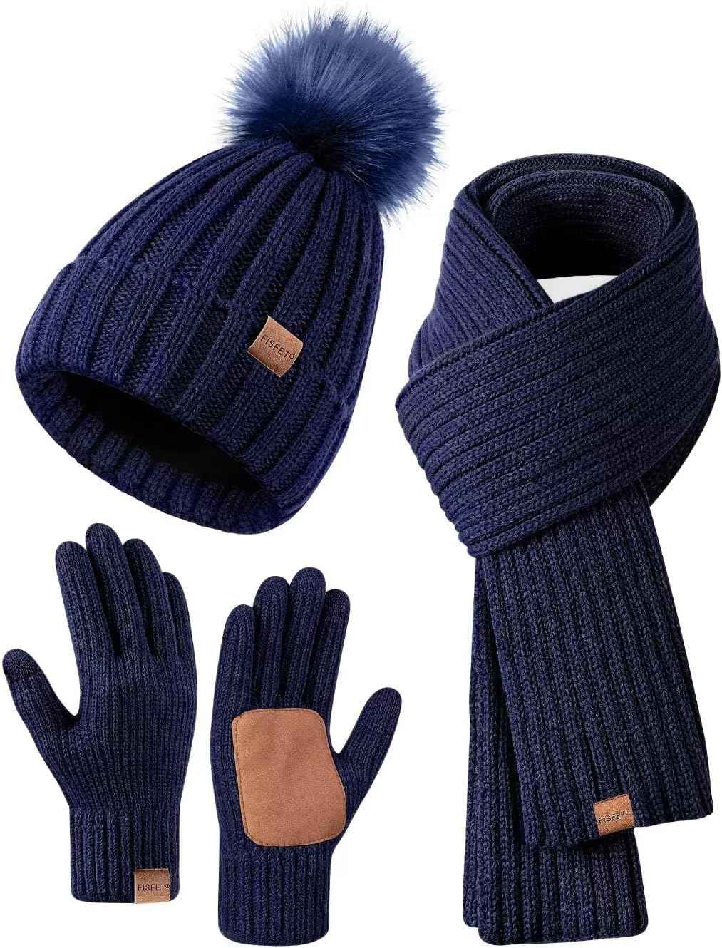 Winter Beanie Hat Scarf Gloves Set for Women - Beanie with Pom Pom Long Scarf Neck Warmer Touchscreen Gloves 3 in 1 Set