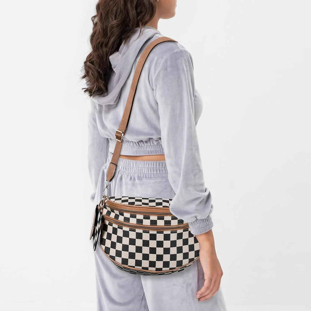Canvas Crossbody Bag for Women - Checkered Design