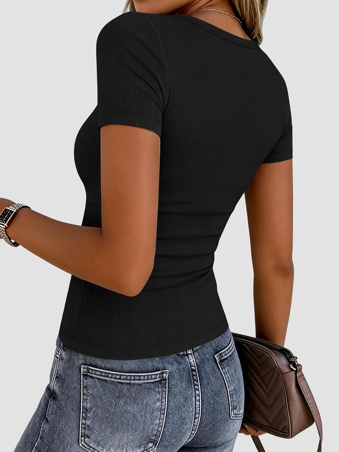Women's Ribbed Knit Crew Neck T-Shirt