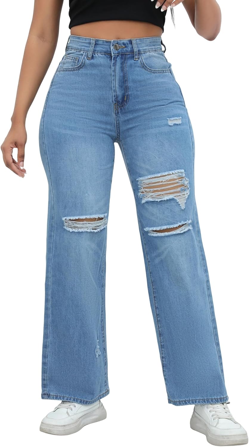 Women's High Waisted Ripped Wide Leg Baggy Jeans