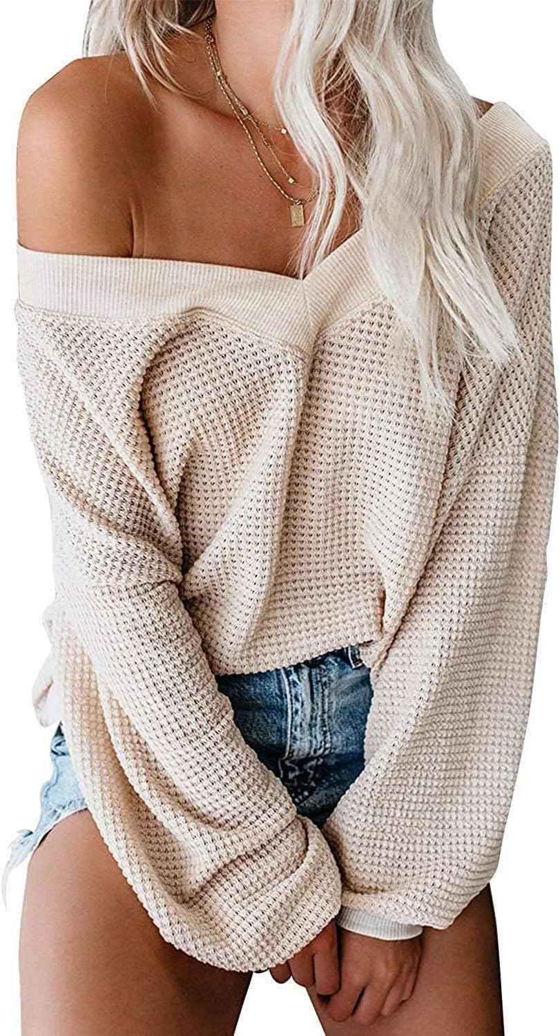 Women's Oversized off the Shoulder Long Sleeve Waffle Knit Sweater Top