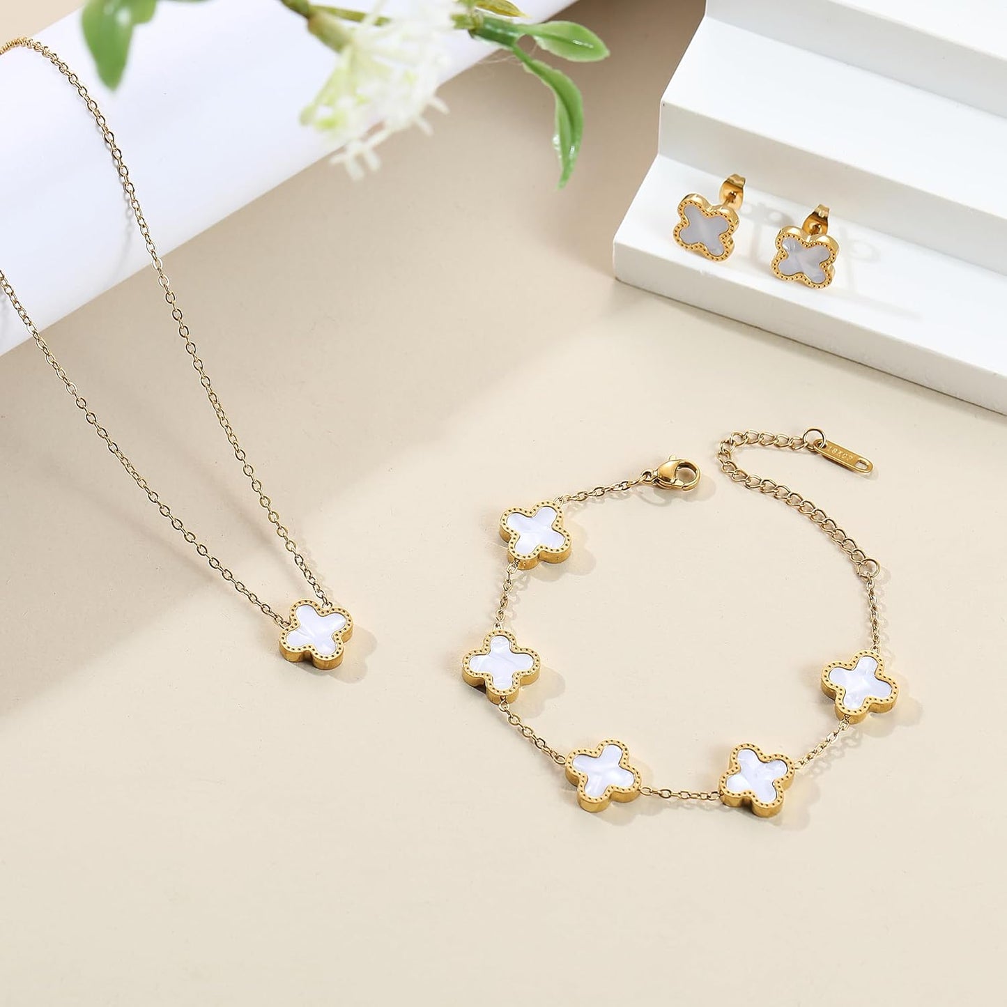 Enchanting TICVRSS Lucky Clover Jewelry Set: 18K Gold Plated Bracelet, Necklace, and Earrings for Women - Perfect Gift for Any Occasion