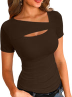 Women's One Piece Cutout Ribbed Slim Fit Short Sleeve Top