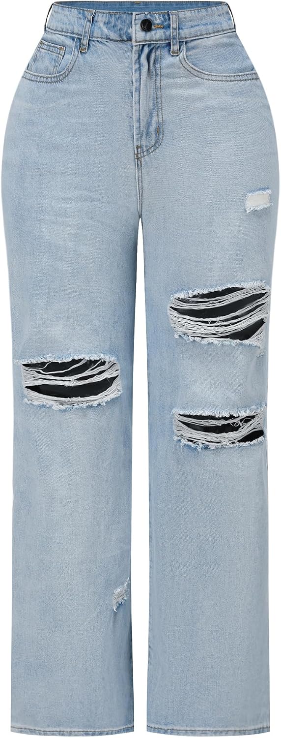 Women's High Waisted Ripped Wide Leg Baggy Jeans