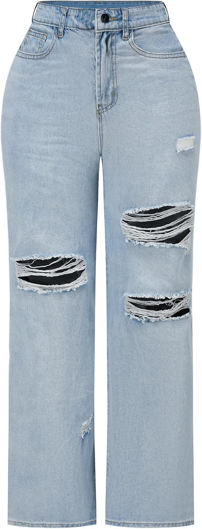 Women's High Waisted Ripped Wide Leg Baggy Jeans
