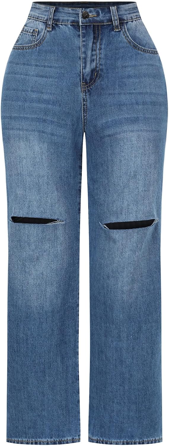 Women's High Waisted Ripped Wide Leg Baggy Jeans