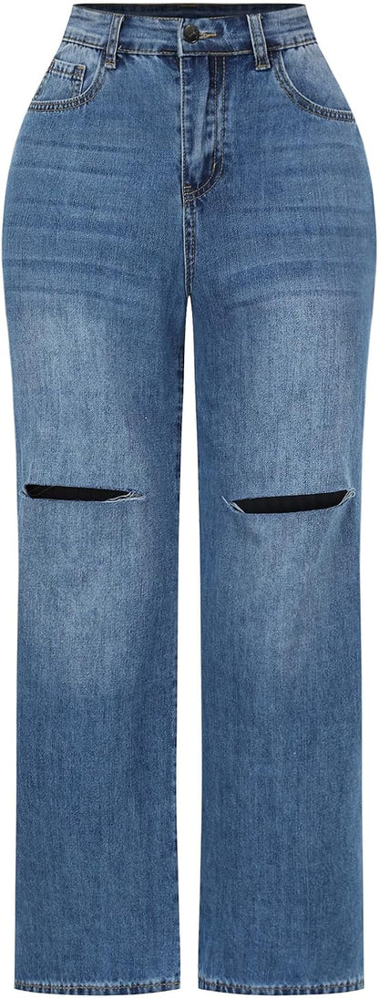Women's High Waisted Ripped Wide Leg Baggy Jeans
