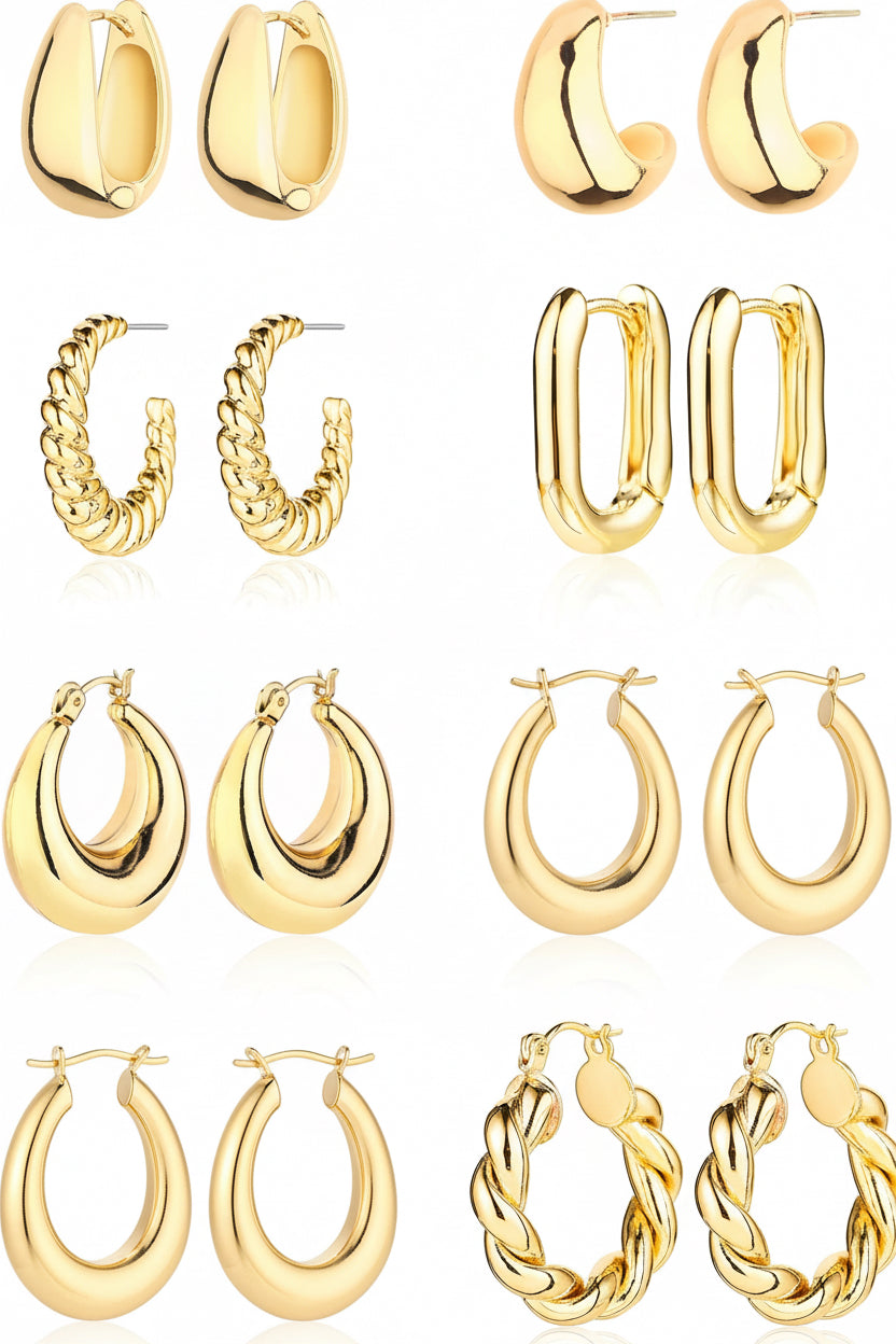 6 Pairs 14K Gold Plated Chunky Hoop Earrings Set for Women – Lightweight Twisted Huggie Hoops Multipack