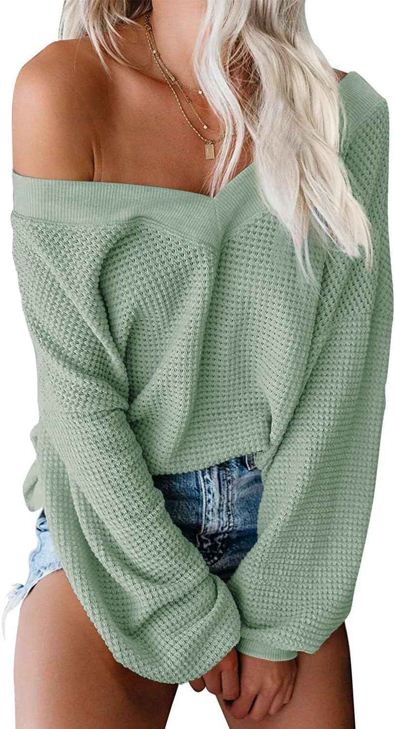 Women's Oversized off the Shoulder Long Sleeve Waffle Knit Sweater Top