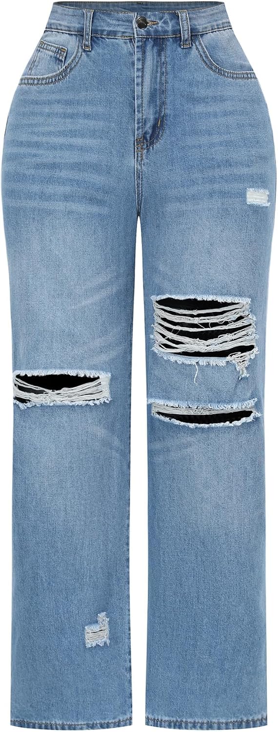 Women's High Waisted Ripped Wide Leg Baggy Jeans