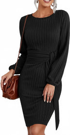 Women's Knitted Sweater Dress with Casual Long Lantern Sleeves for Effortless Style