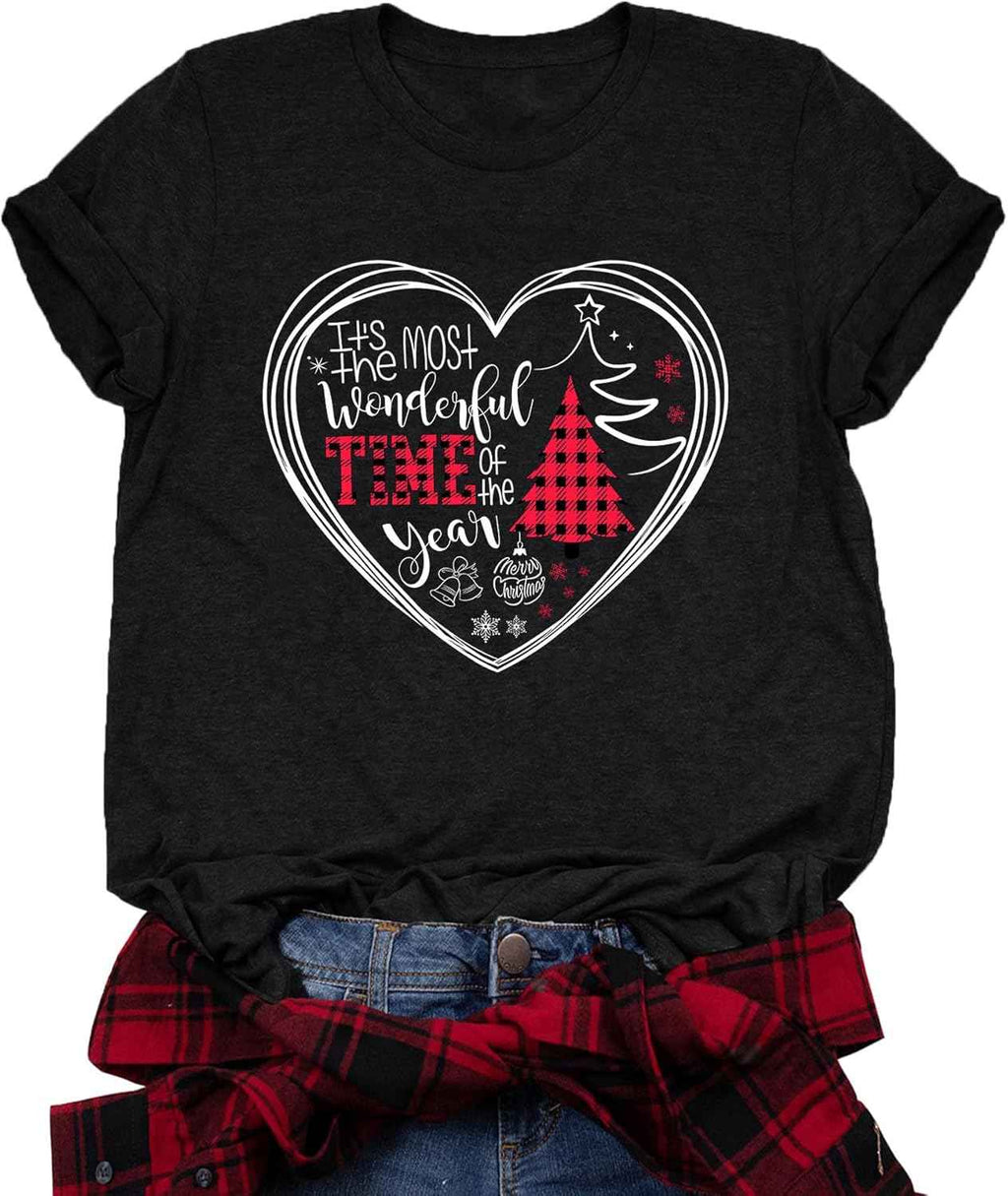 Merry Christmas Short Sleeve Casual Graphic T Shirt for Women