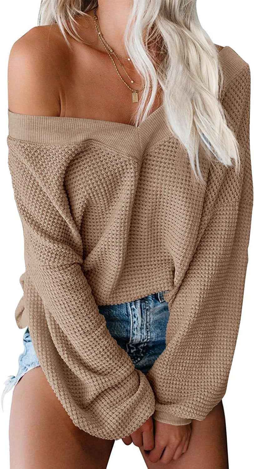 Women's Oversized off the Shoulder Long Sleeve Waffle Knit Sweater Top