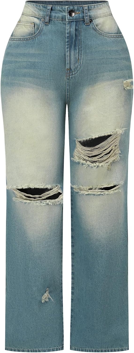 Women's High Waisted Ripped Wide Leg Baggy Jeans
