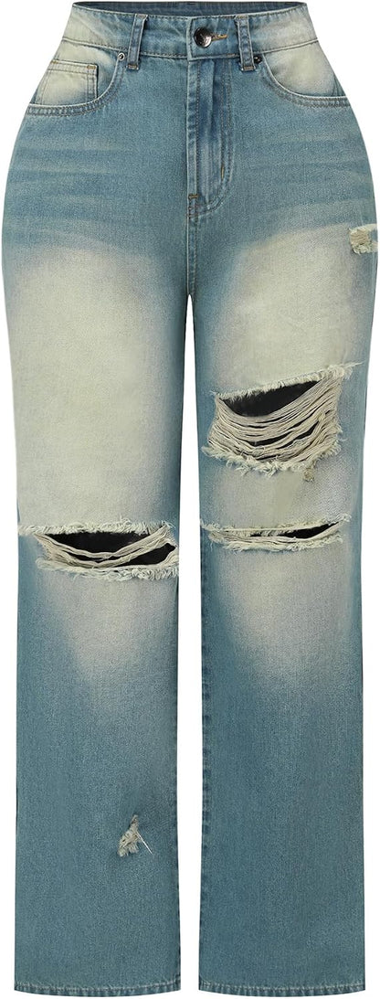 Women's High Waisted Ripped Wide Leg Baggy Jeans
