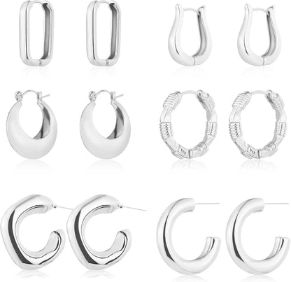 6 Pairs 14K Gold Plated Chunky Hoop Earrings Set for Women – Lightweight Twisted Huggie Hoops Multipack