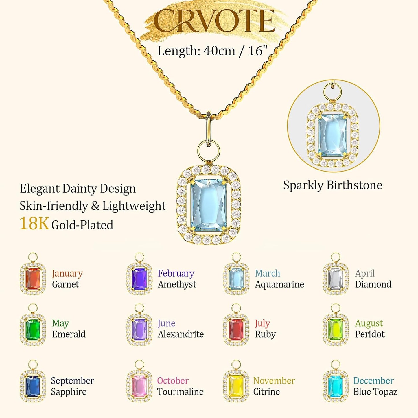 Birthstone Necklaces for Women, 18K Gold Plated Necklaces Dainty CZ Pendant 