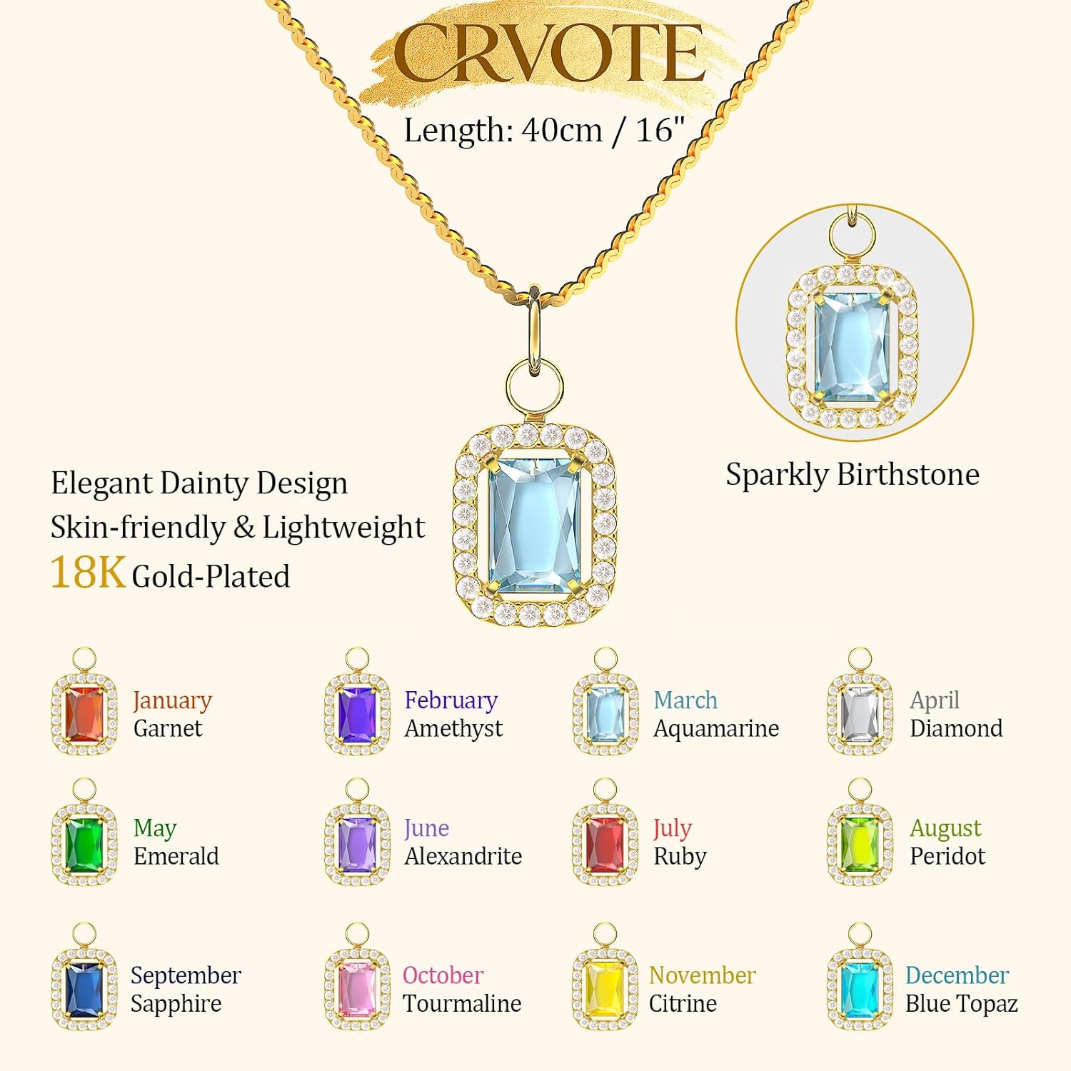 Birthstone Necklaces for Women, 18K Gold Plated Necklaces Dainty CZ Pendant 