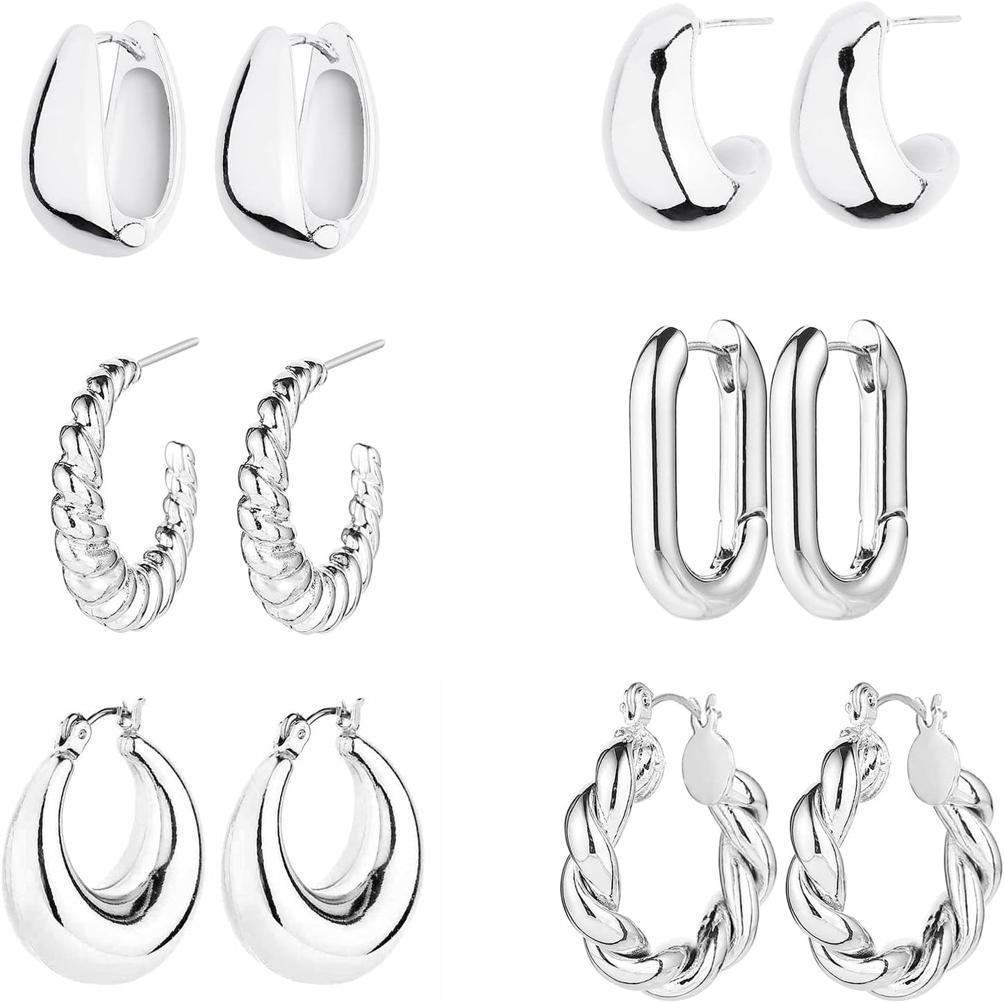 6 Pairs 14K Gold Plated Chunky Hoop Earrings Set for Women – Lightweight Twisted Huggie Hoops Multipack